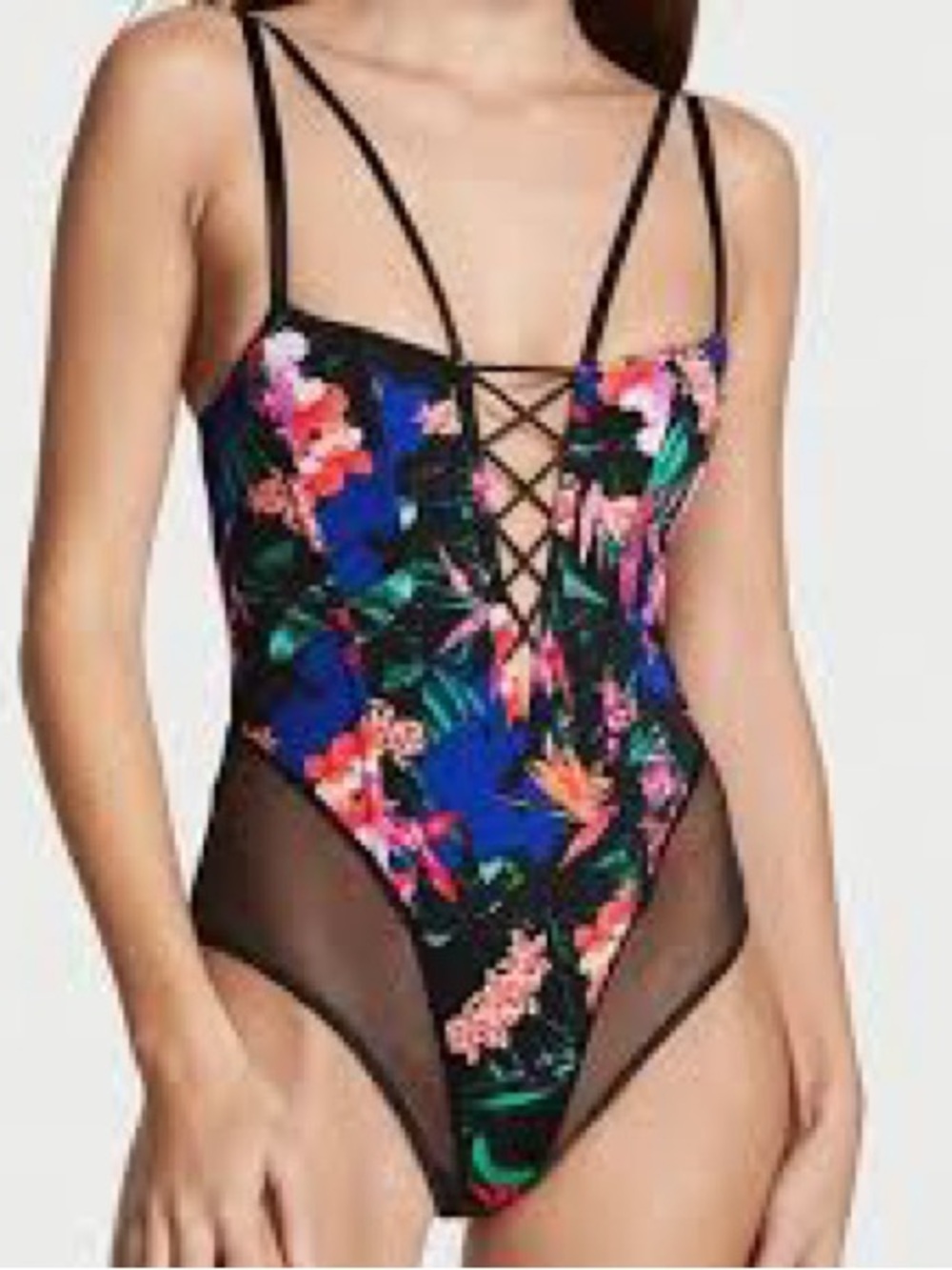 Victoria's Secret Teddy Black, Blue, Pink Floral Lace-Up One-Piece Corset!
